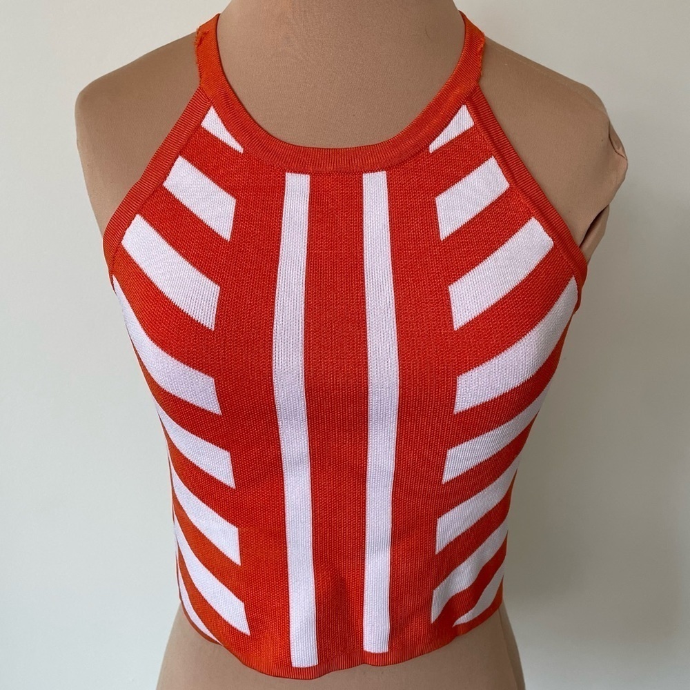 Parker Orange White Rayon Nylon Knit Kingston Chevron Halter Crop Top Size XS
